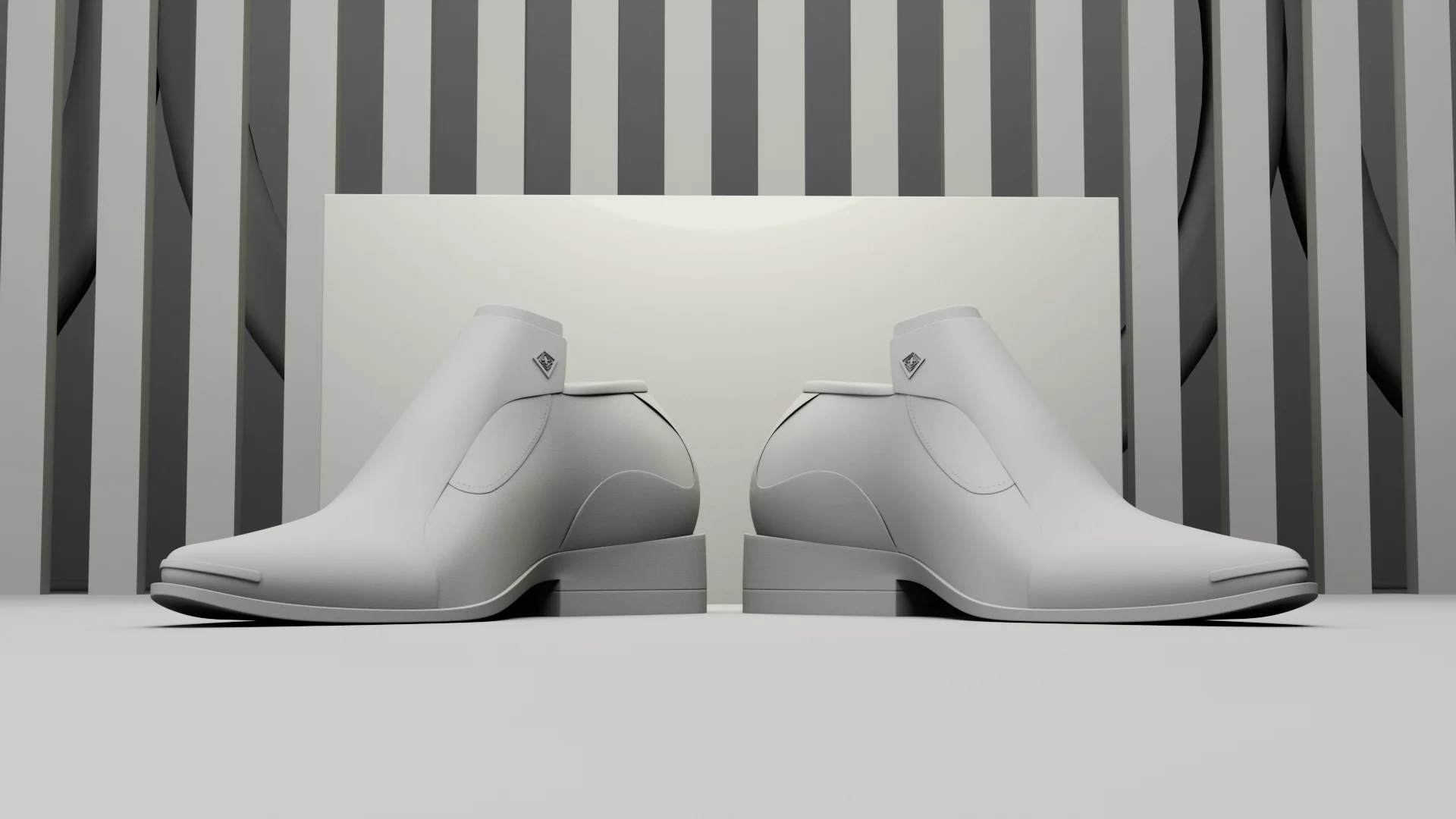 clay-render-leather-ankle-boots Untextured clay render of two ankle boots facing each other before a striped backdrop