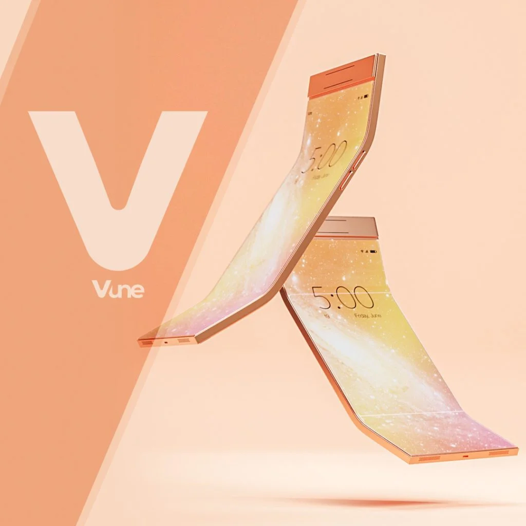 curved-flexible-smartphone-concept Two curved flexible smartphone concepts bending mid-air beside a large brand letter