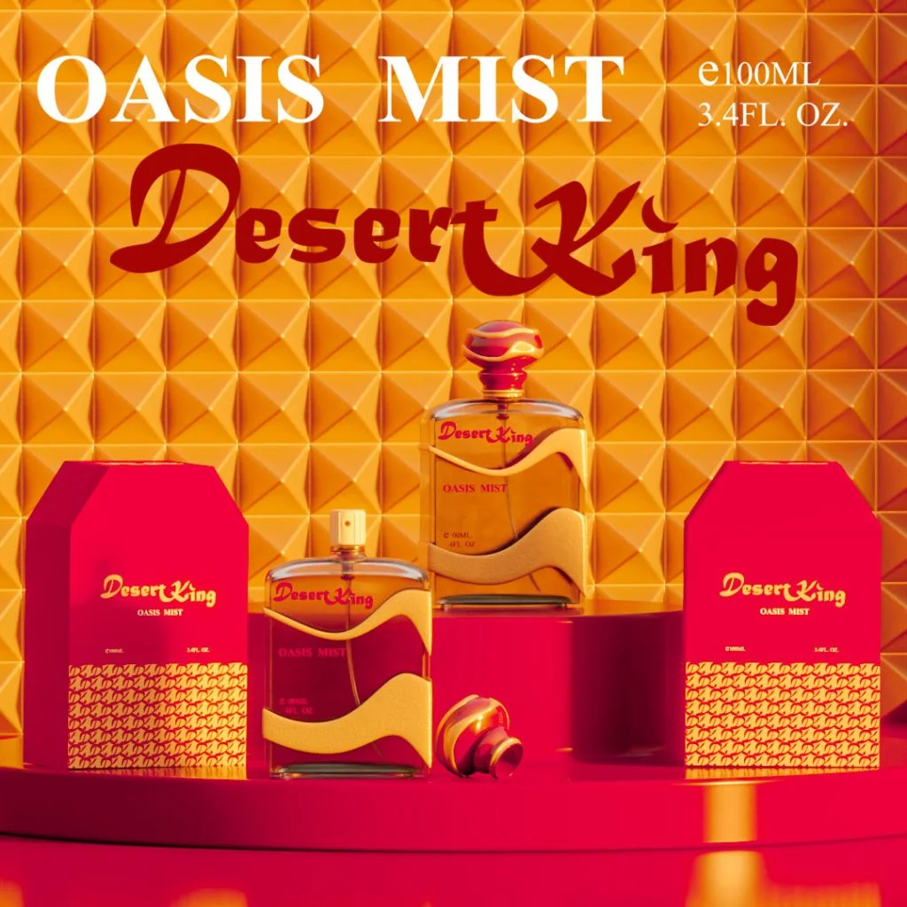 desert-king-perfume-bottles-boxes Two Desert King perfume bottles and red boxes on a gold quilted display backdrop