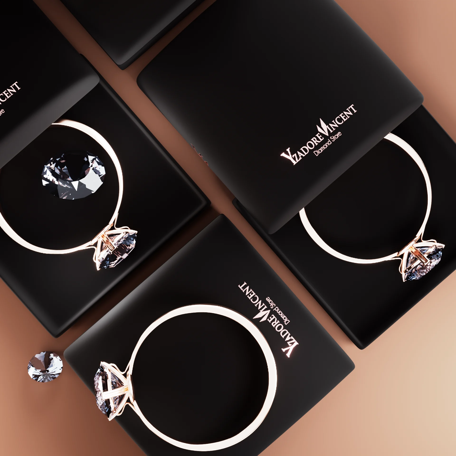 diamond-rings-on-branded-boxes-flatlay.webp Overhead flatlay of rose gold diamond rings resting on black branded jewelry boxes