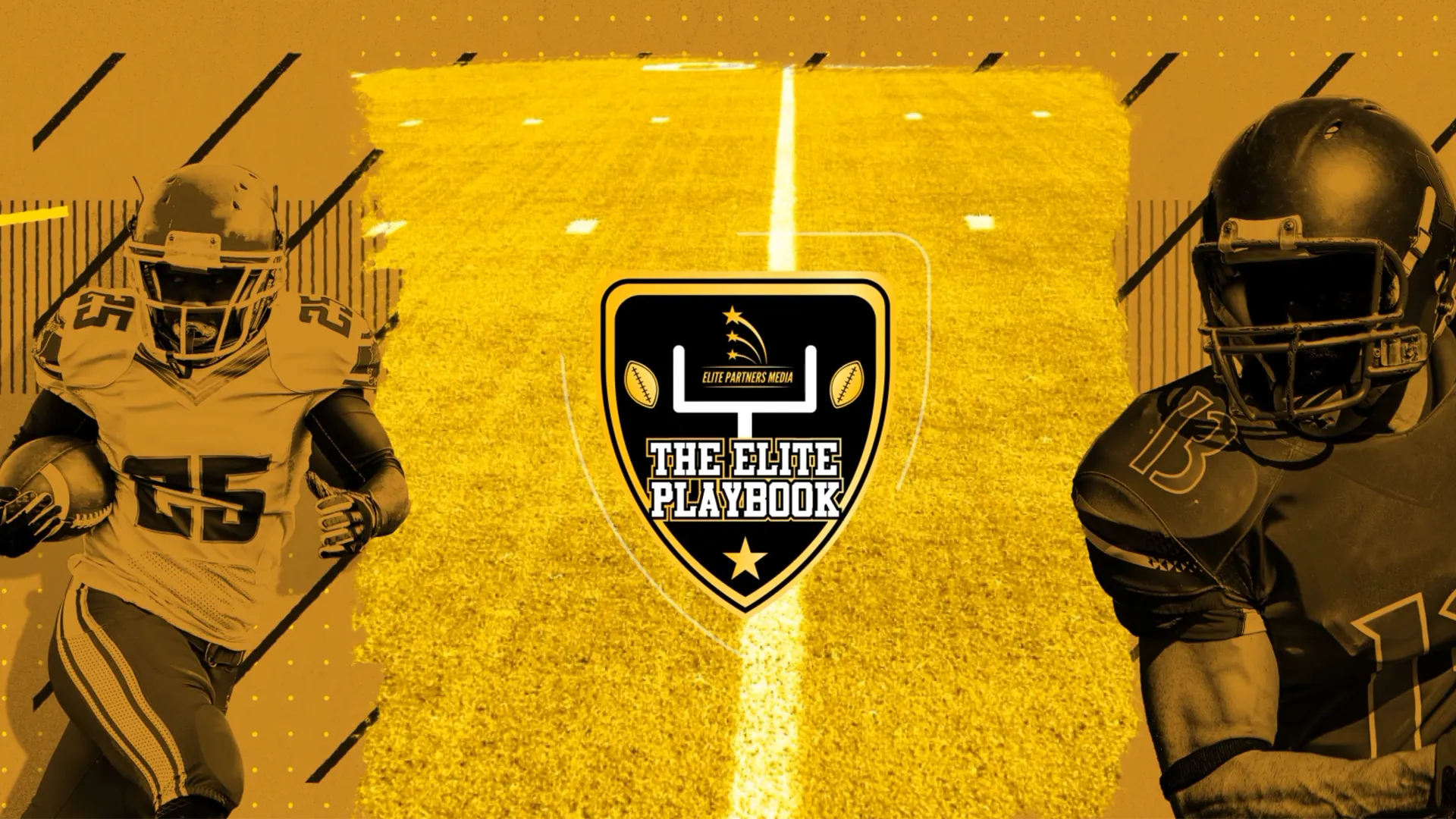 elite playbook The Elite Playbook podcast shield logo centered between two football players on a stylized field banner