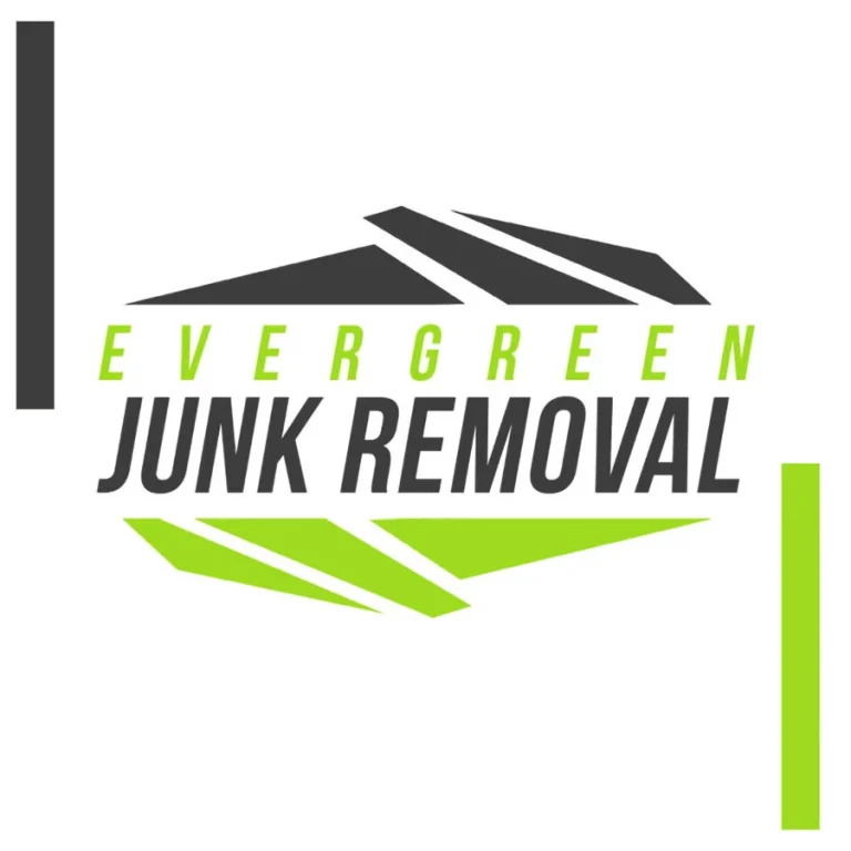 evergreen-junk-removal-logo-design Green and grey Evergreen Junk Removal logo built from angled mountain shapes.