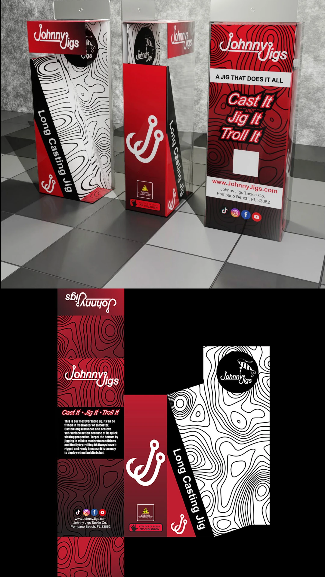 fishing-lure-packaging-branding-design Three Johnny Jigs fishing lure boxes with red topographic pattern branding design.