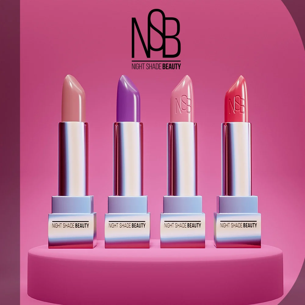 four-lipsticks-on-pink-podium Four lipsticks in different shades standing on a pink circular podium in a beauty product render
