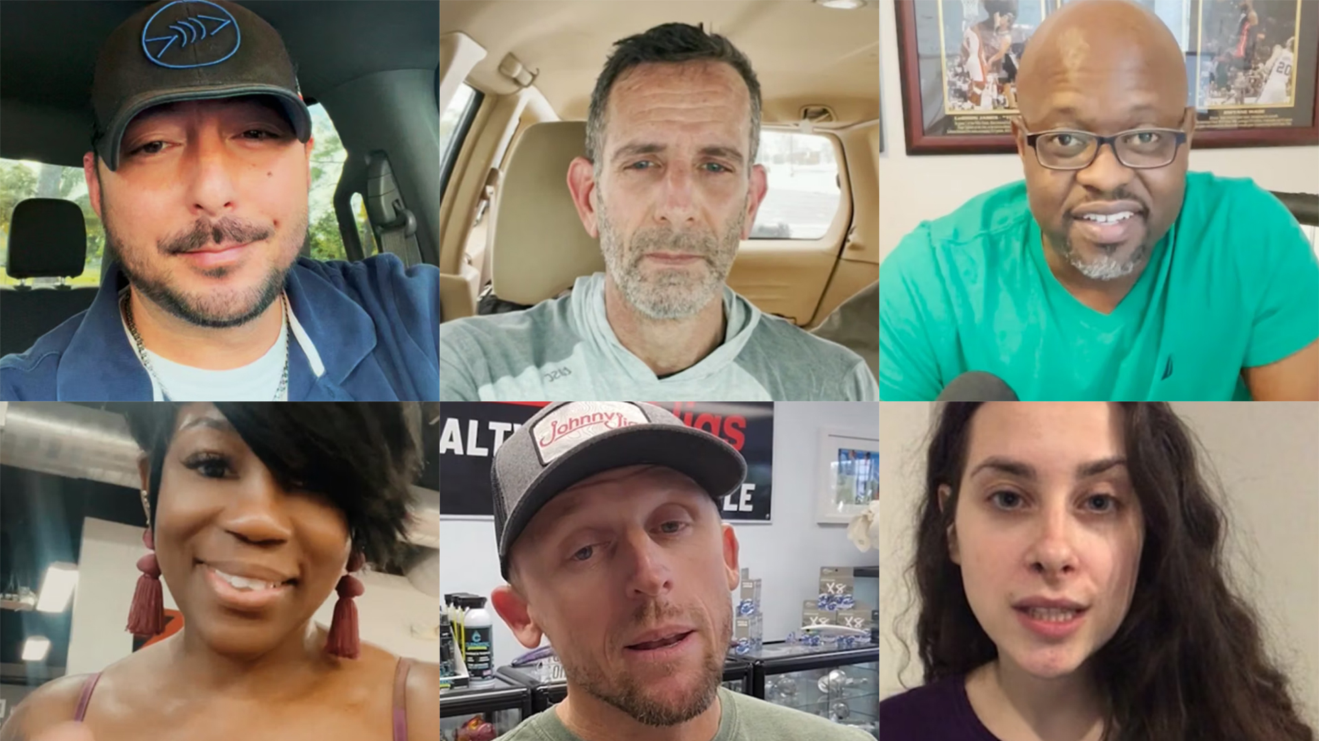 gride of past branding design pro clients A 2x3 grid of six video testimonial screenshots from clients sharing branding and logo design reviews. Top row: a man in a cap and blue jacket filming from a car; a man with short gray hair in a light gray shirt, seated in a vehicle; a bald man wearing glasses and a teal shirt, smiling. Bottom row: a woman with tassel earrings smiling at the camera; a man in a trucker cap standing in front of a retail display case; a woman with long dark hair speaking mid-sentence.