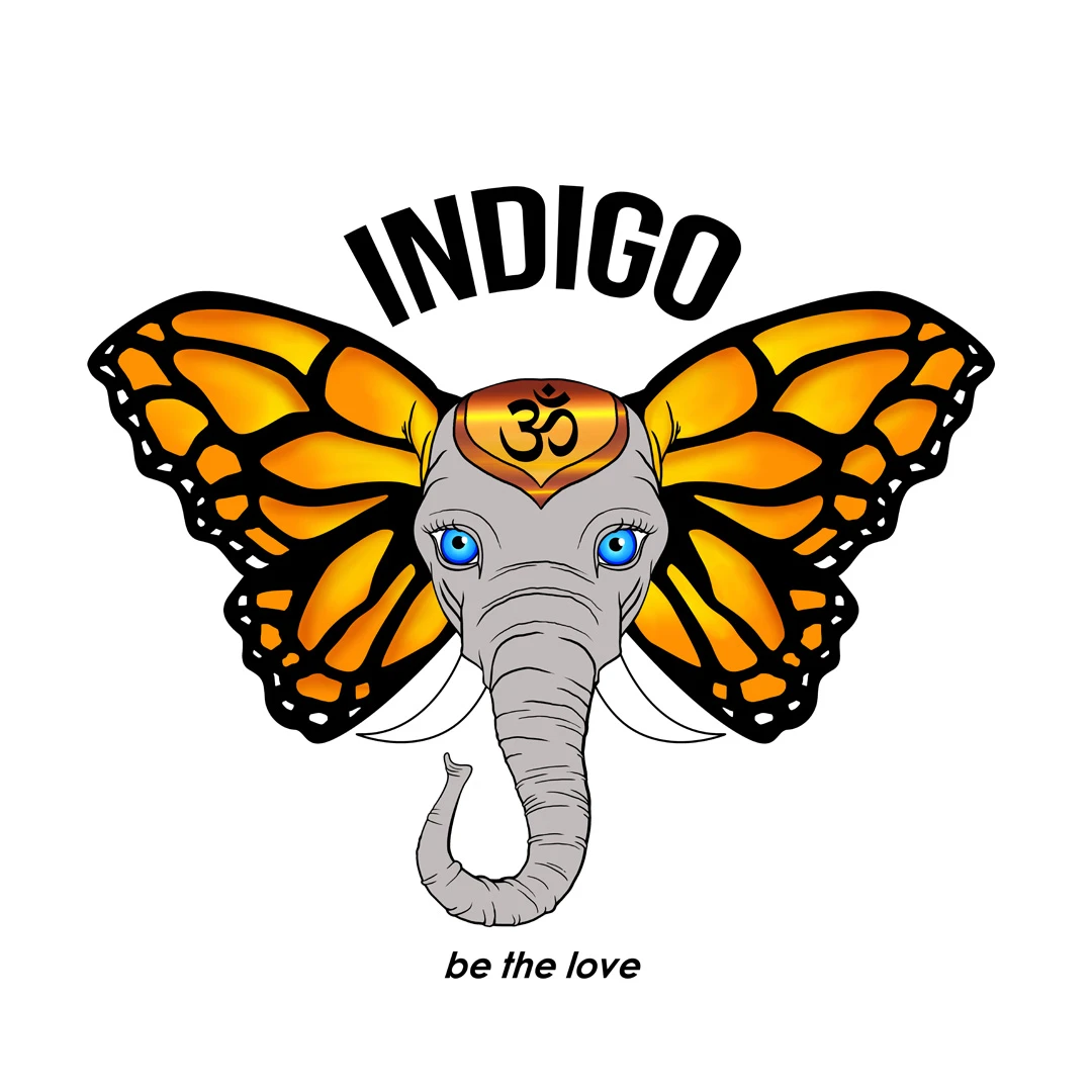 indigo-elephant-butterfly-logo-design-art Gray elephant head with monarch butterfly wings, logo design art for the Indigo brand.