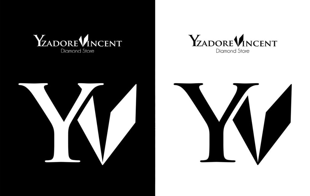 Serif monogram mark with a faceted gem shape shown in white on black and black on white, both color versions of a jewelry sto