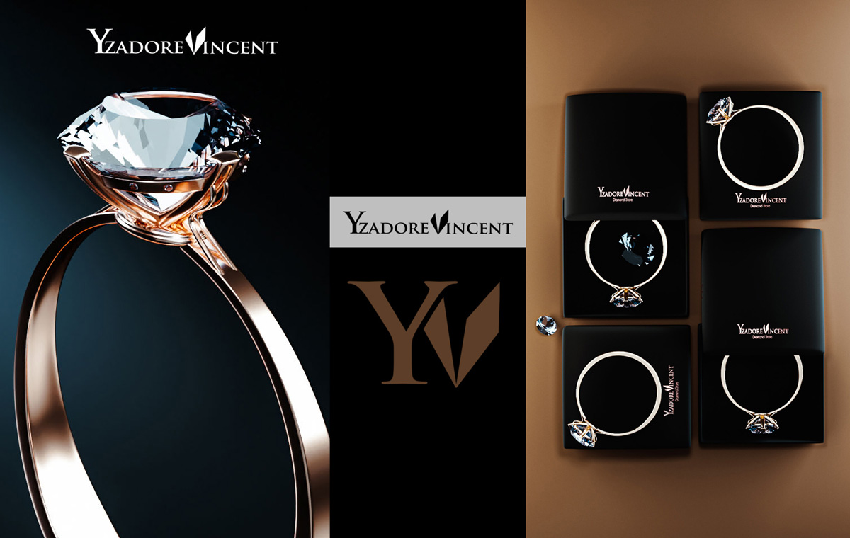 jewelry store logo brand identity Close-up of a rose gold diamond engagement ring beside a monogram mark and flat lay of black ring boxes showing jewelry store