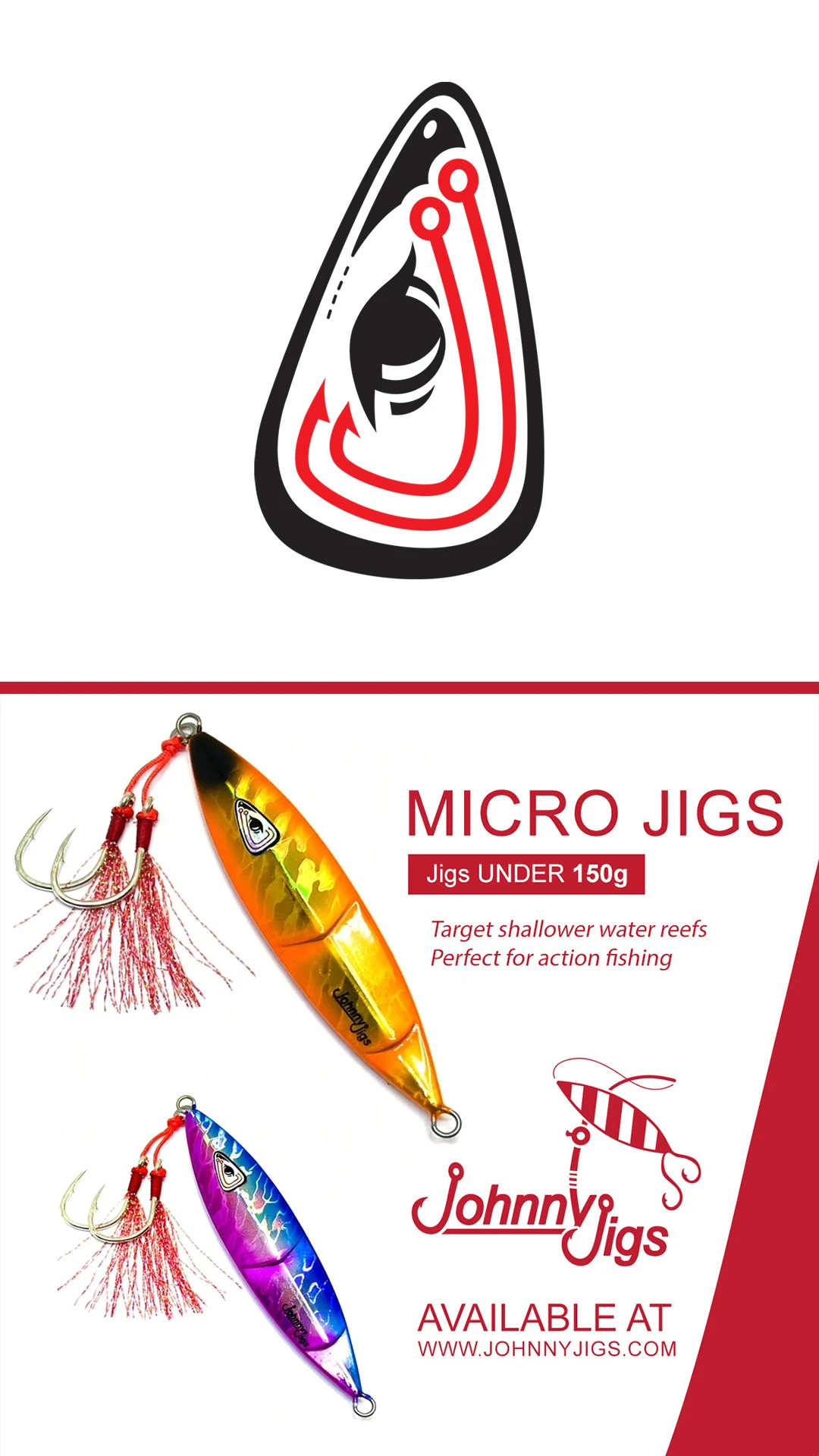 johnny-jigs-fishing-hook-logo-ad Johnny Jigs hook-shaped logo above an advertisement for orange and purple micro fishing jigs.