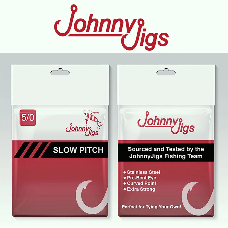 johnnyjigs-fishing-hook-packaging-design Red and white JohnnyJigs fishing hook packets showing front and back label designs.