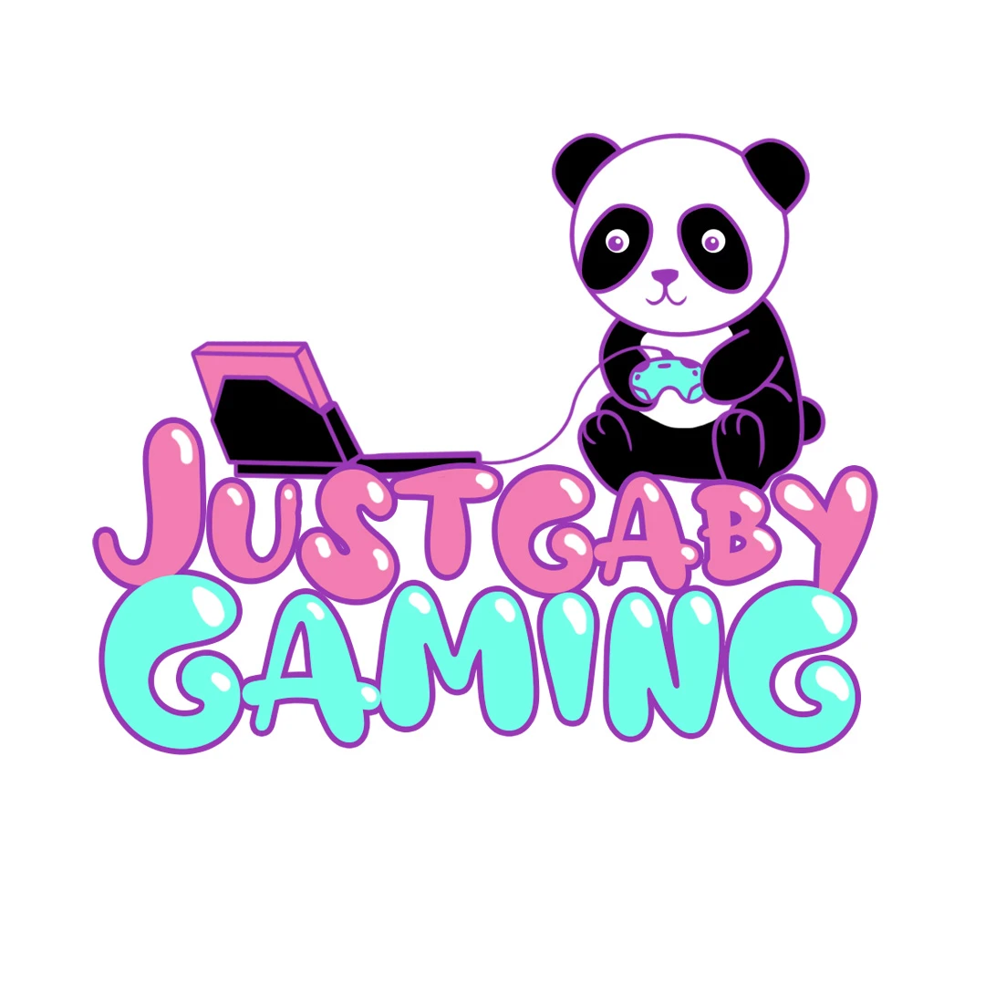 justgaby-gaming-panda-logo-design-art Cartoon panda with a game controller and laptop, logo design art for JustGaby Gaming.