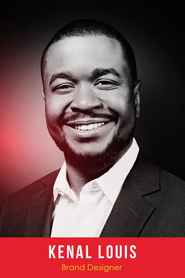 kenal-louis-brand-designer-headshot Smiling man in a suit under a red banner reading Kenal Louis, Brand Designer.