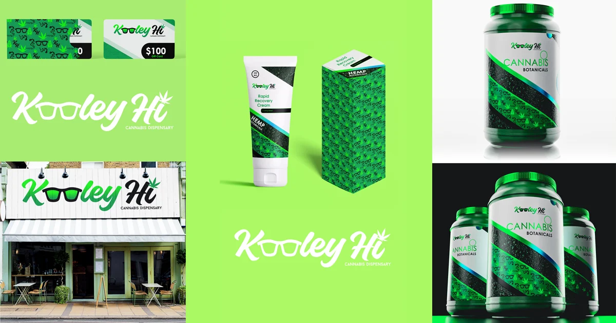 kooley hi branding collage Kooley Hi cannabis dispensary branding shown across gift cards, storefront signage, recovery cream, and jars.