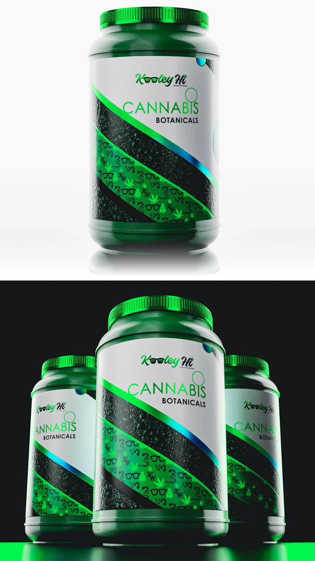 kooley-hi-cannabis-botanicals-jar-mockup Three Kooley Hi Cannabis Botanicals jars with green striped label design.