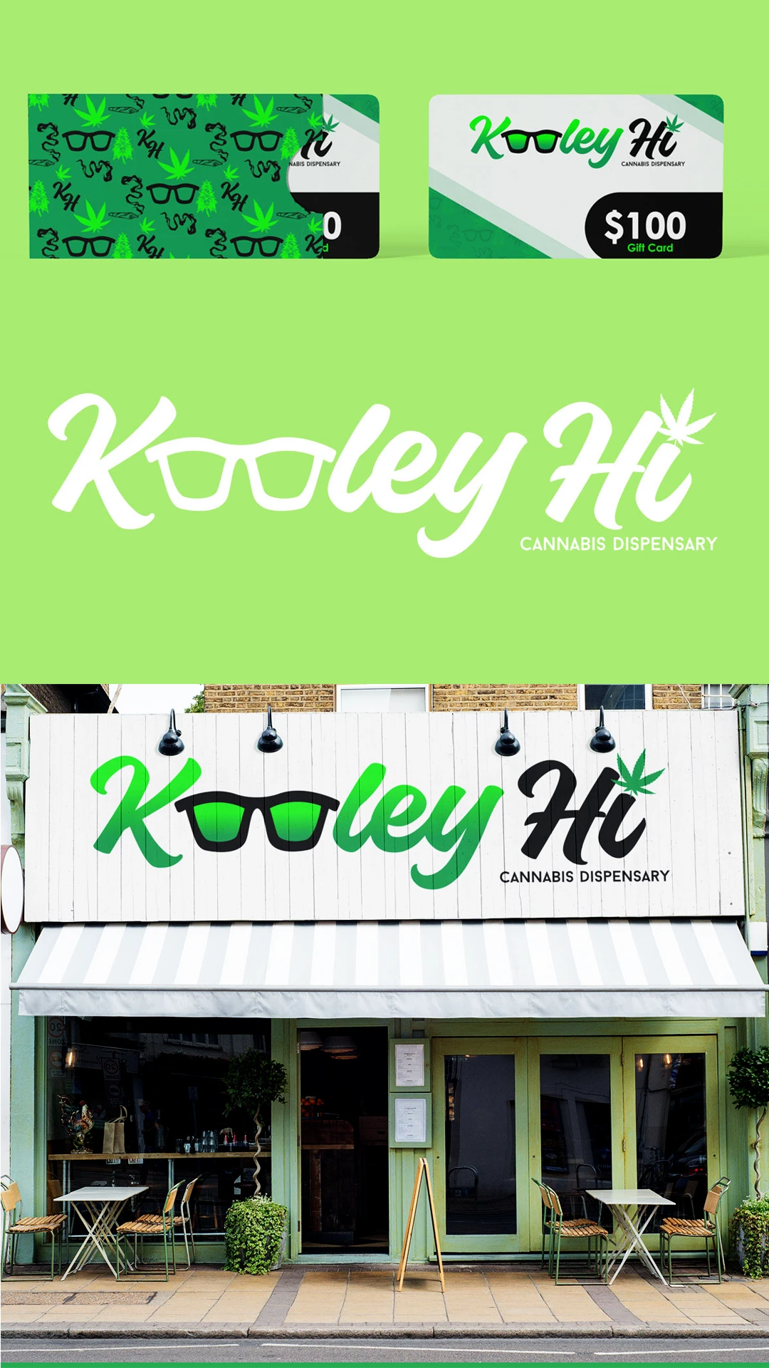 kooley-hi-gift-cards-storefront-mockup Kooley Hi gift cards and cannabis dispensary storefront sign mockup in green.