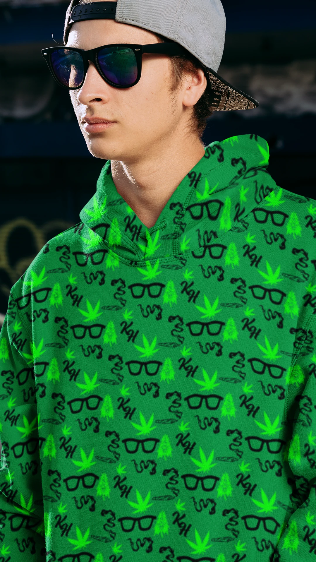 kooley-hi-hoodie-man-close-up Close-up of a man wearing a green Kooley Hi branded hoodie.
