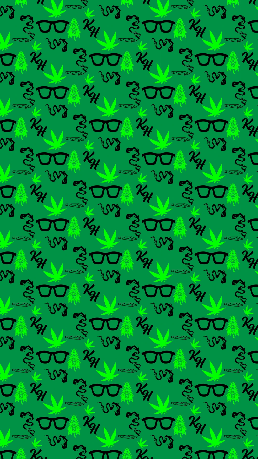kooley-hi-seamless-brand-pattern-tile Seamless green Kooley Hi pattern with sunglasses, cannabis leaves, and KH monogram.