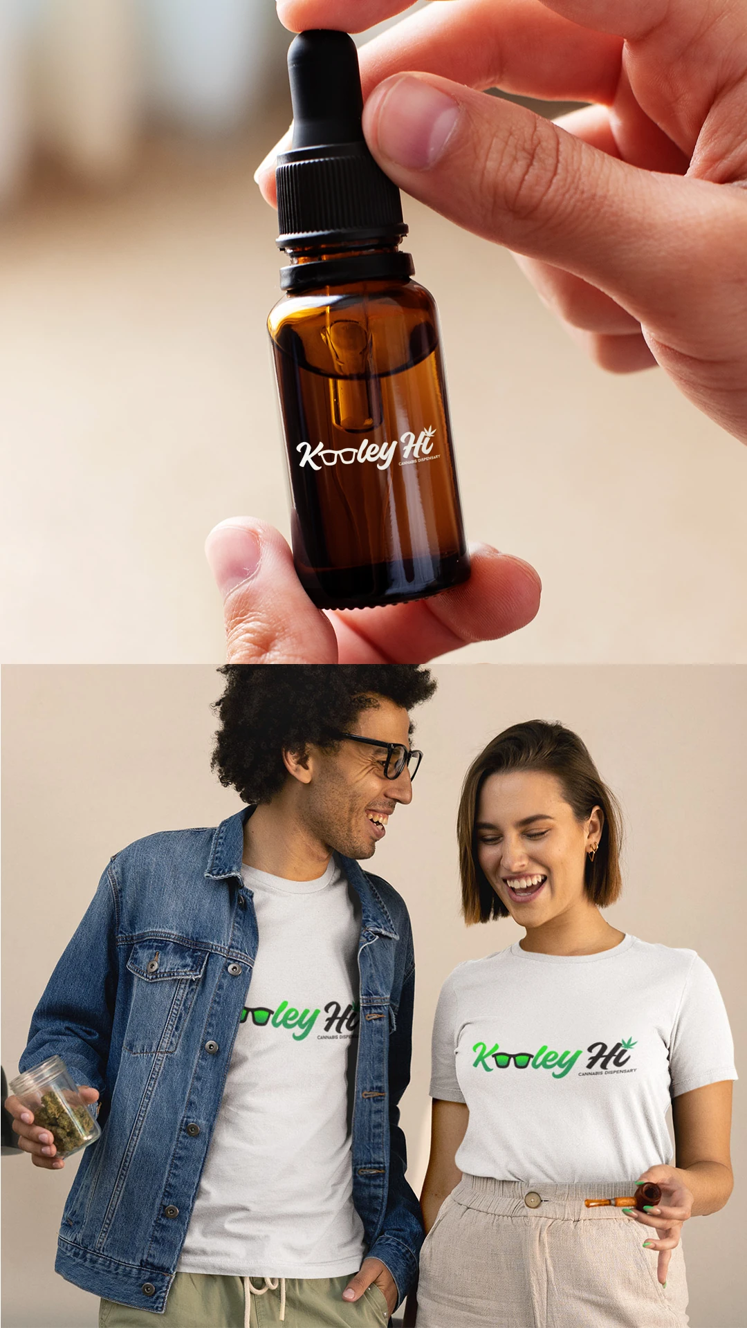 kooley-hi-tincture-bottle-couple-shirts Kooley Hi tincture bottle held in hand beside a couple wearing branded t-shirts.