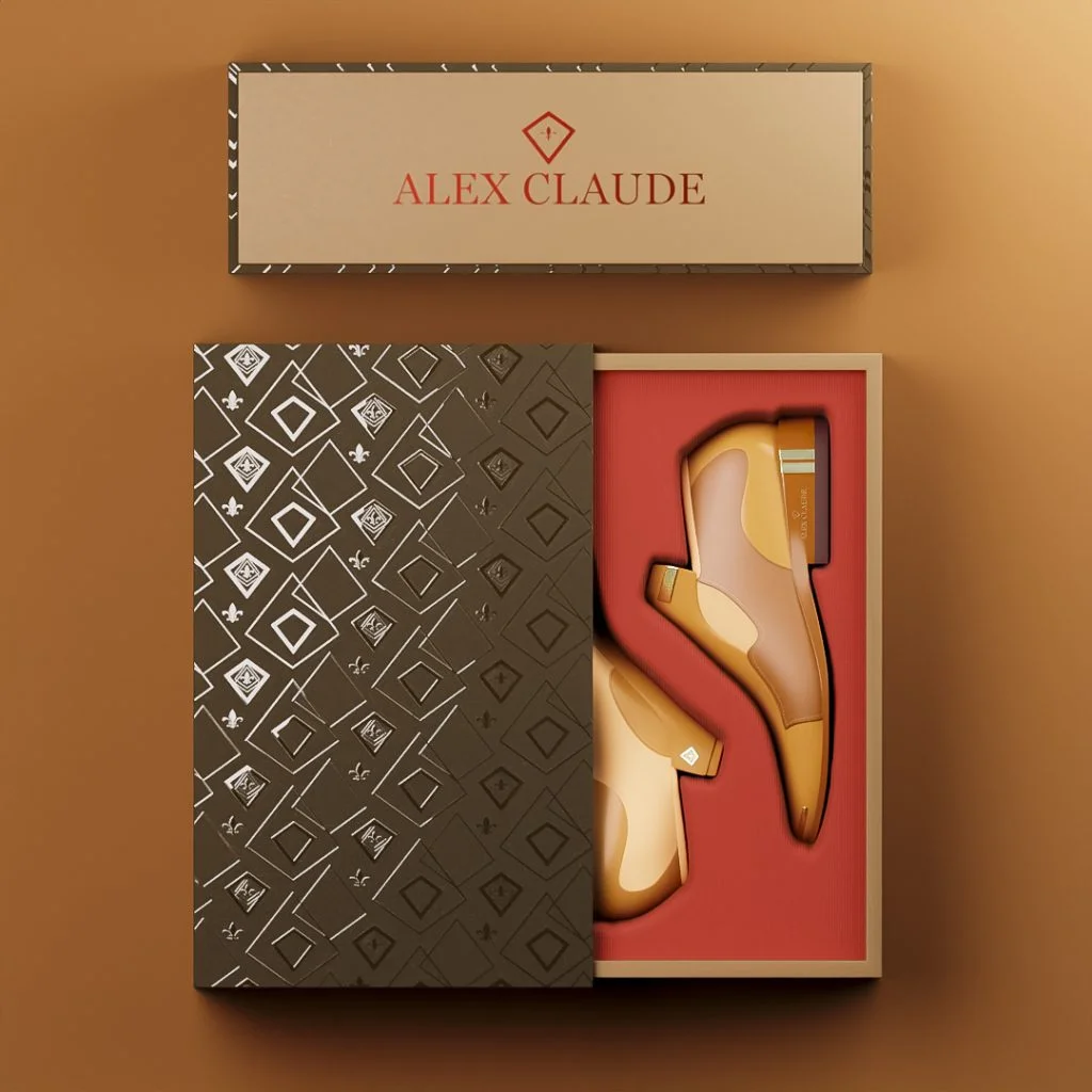 leather-shoes-packaging-box-flatlay Overhead view of tan leather shoes inside a patterned branded packaging box