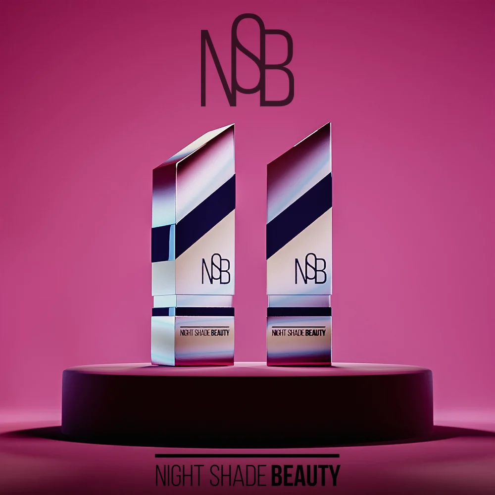 lipstick-packaging-boxes-pink-podium Two silver striped lipstick boxes standing upright on a dark pink podium