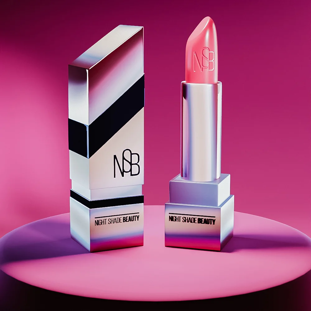 lipstick-with-packaging-box Open coral lipstick next to its silver striped packaging box on a pink surface