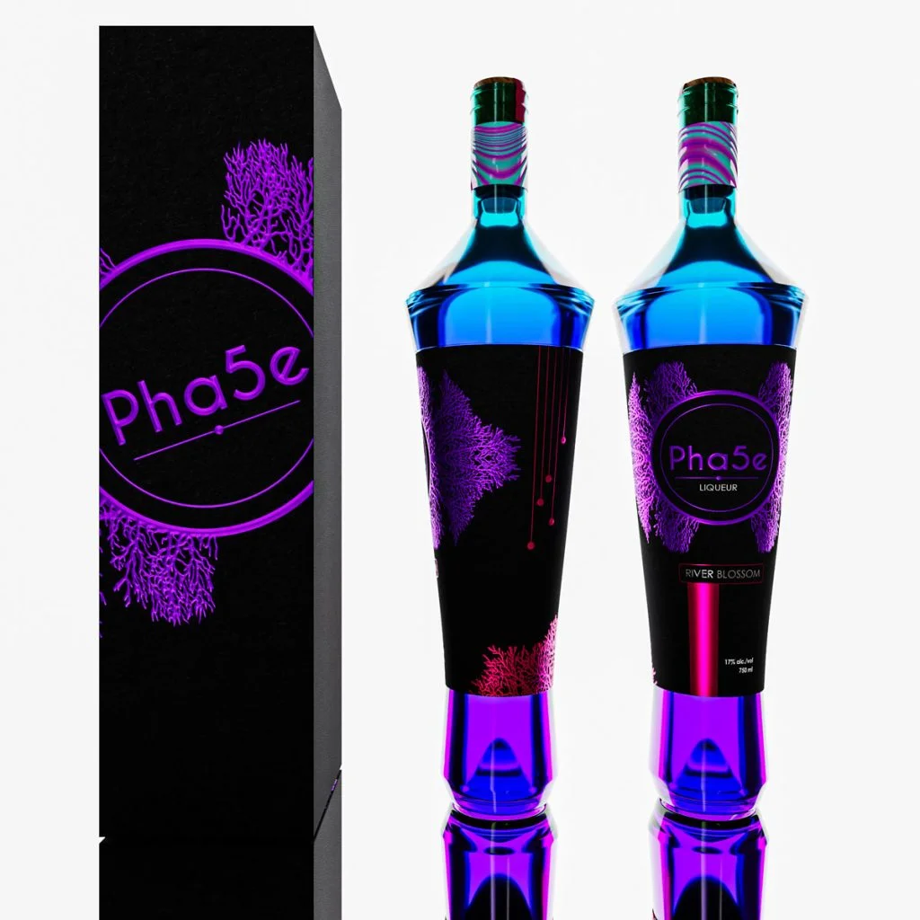 liqueur-bottles-with-packaging-box Two liqueur bottles beside a black packaging box on a clean white background