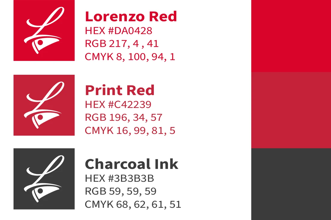 lorenzos-branding-color-palette Brand color sheet showing Lorenzo Red, Print Red and charcoal ink with logo swatches.