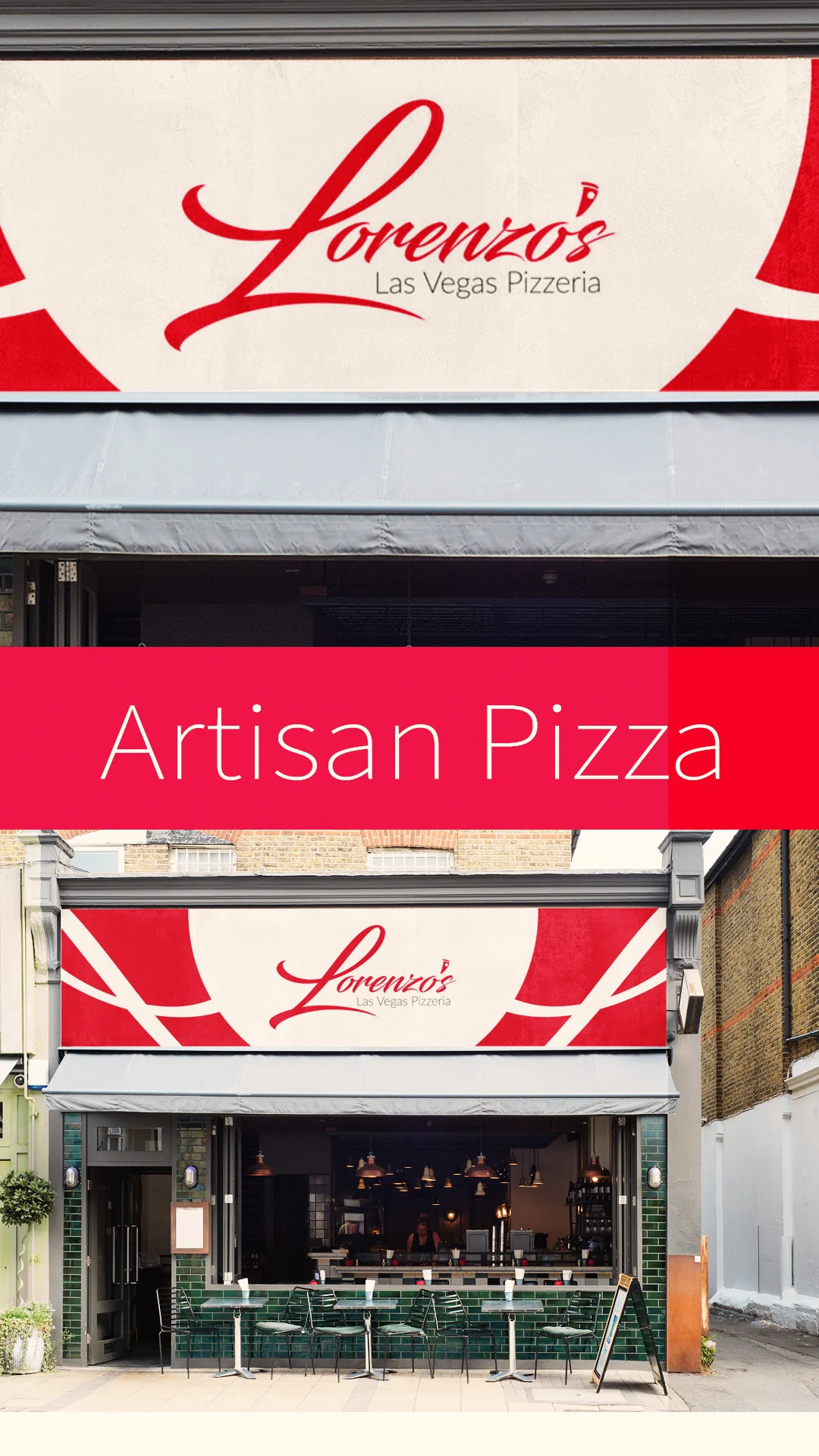 lorenzos-pizzeria-storefront-sign Storefront sign and awning for Lorenzo's Las Vegas Pizzeria above an open café front.