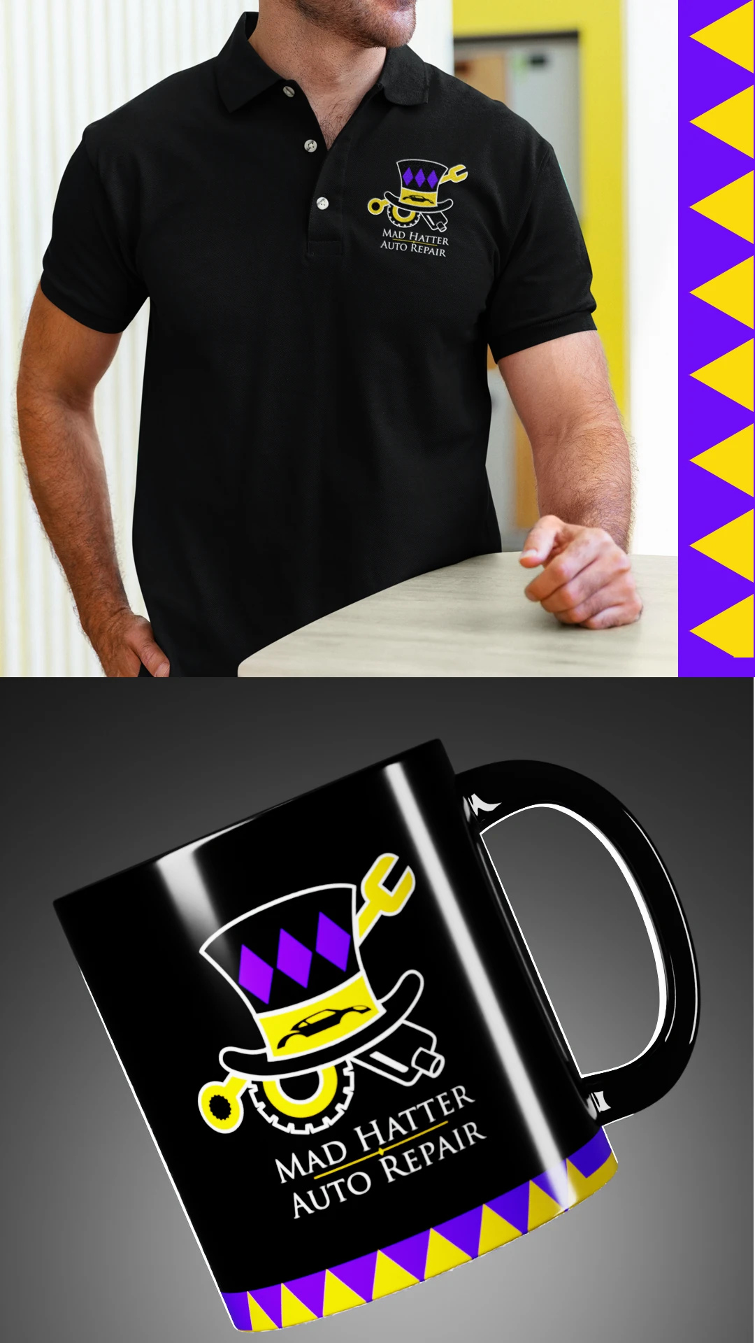 mad-hatter-auto-repair-polo-mug-mockup Mad Hatter Auto Repair Omaha logo design on a black polo shirt and mug.