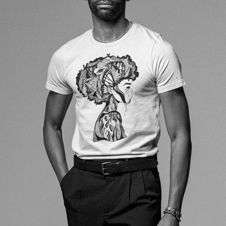 man-wearing-graphic-print-white-tshirt Man in a white t-shirt printed with a detailed black and white portrait illustration.