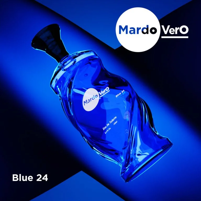 mardo-vero-blue-24-cologne-bottle Blue Mardo Vero Blue 24 eau de toilette bottle floating against a deep blue backdrop.