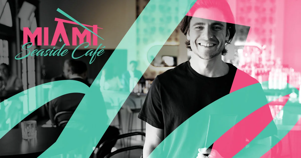 miami-seaside-cafe-branding-banner Smiling server behind pink and teal shapes and the Miami Seaside Café logo.