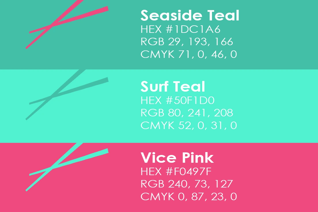 miami-seaside-cafe-color-palette Brand color sheet listing Seaside Teal, Surf Teal and Vice Pink with values.