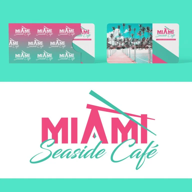 miami-seaside-cafe-logo-gift-card ink and teal Miami Seaside Café logo shown with a matching gift card and sleeve.