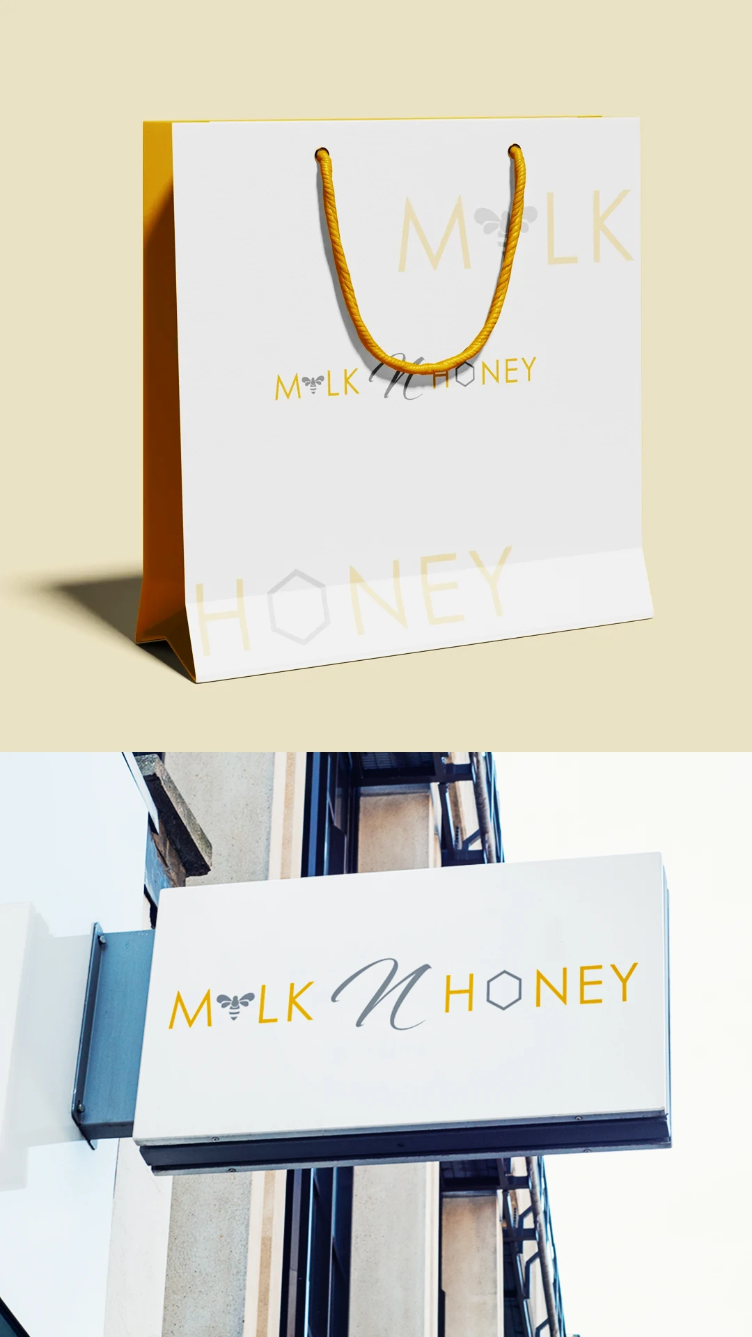 milk-n-honey-shopping-bag-storefront-sign Milk N Honey shopping bag and hanging storefront sign mockup in gold.