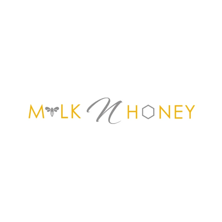 milk-n-honey-skincare-logo-design Milk N Honey wordmark with a bee replacing the I and a hexagon replacing the O.