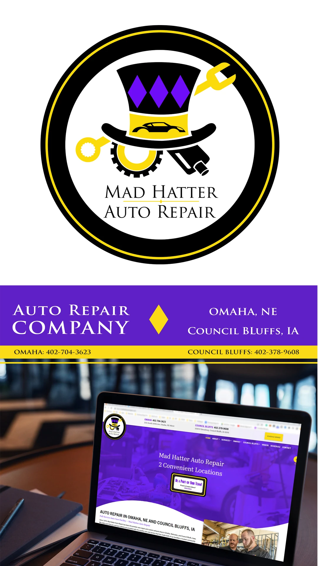 omaha-logo-design-mad-hatter-auto-repair Omaha logo design unveiled as a custom neon sign for Mad Hatter Auto Repair.