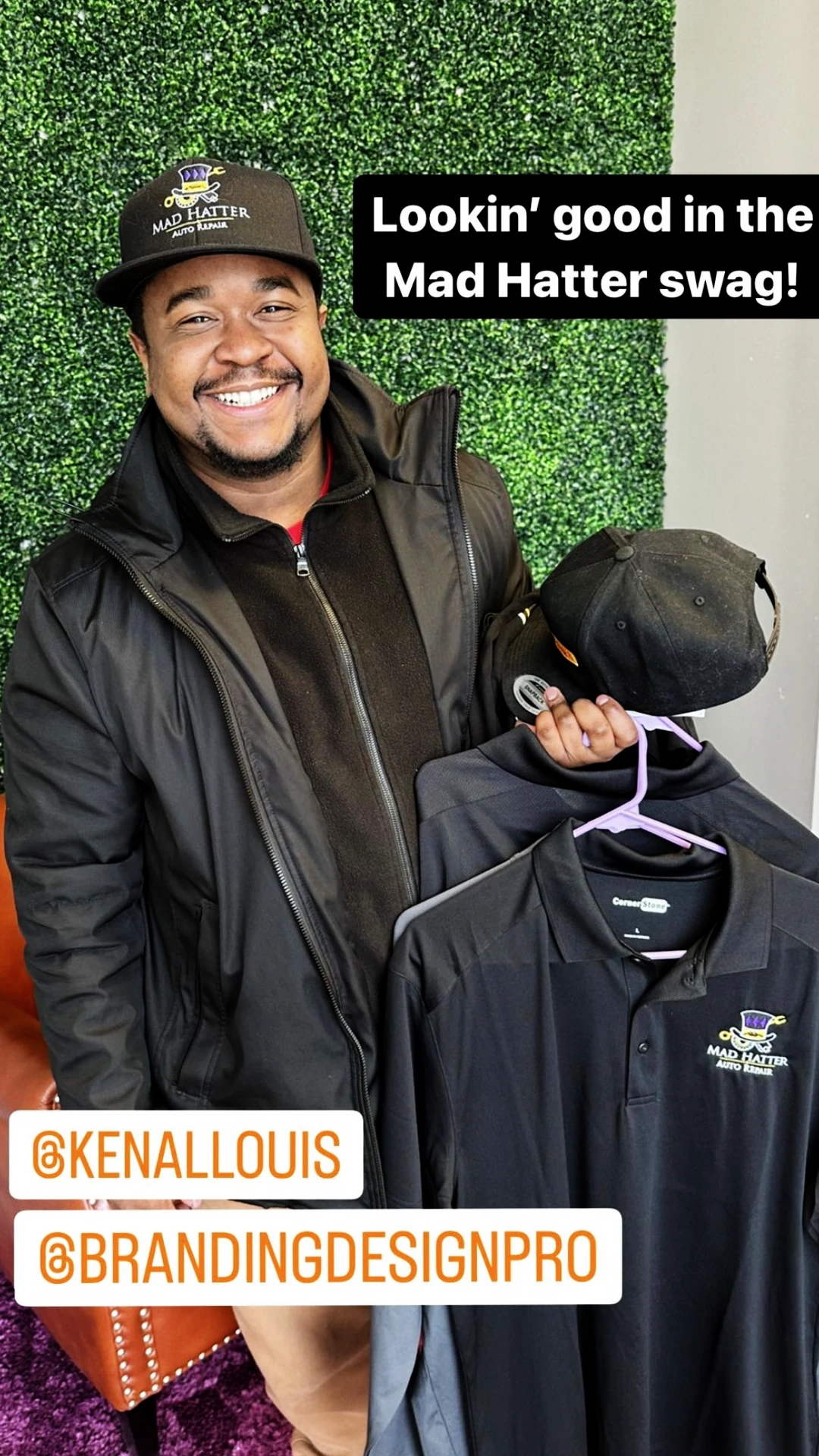 omaha-logo-design-mad-hatter-swag-photo Kenal Louis modeling Omaha logo design branded cap and jacket for Mad Hatter Auto Repair.