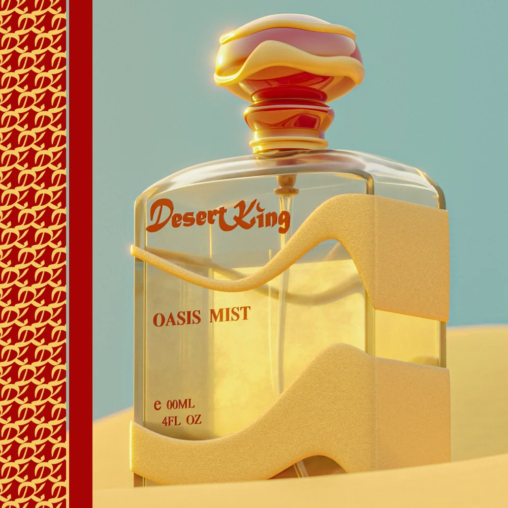 perfume-bottle-closeup-desert-scene Close-up of a glass perfume bottle with a swirled decorative cap resting on sand
