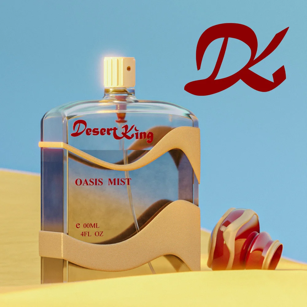 perfume-bottle-on-sand-dune Clear perfume bottle standing upright on a sand dune under a blue sky