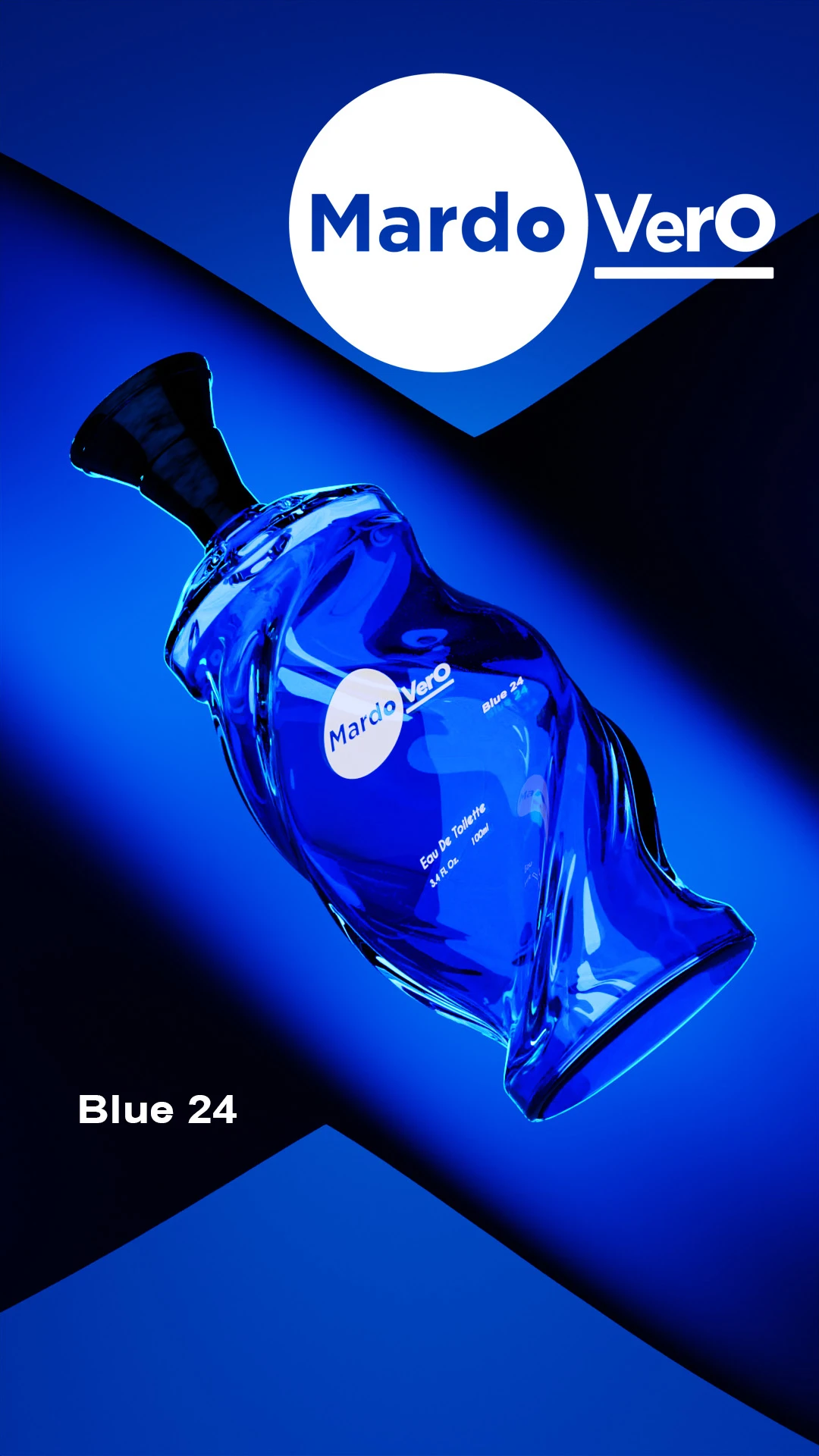 perfume-brand-identity-design-services Mardo VerO Blue 24 perfume bottle displayed against a bold blue geometric brand background.