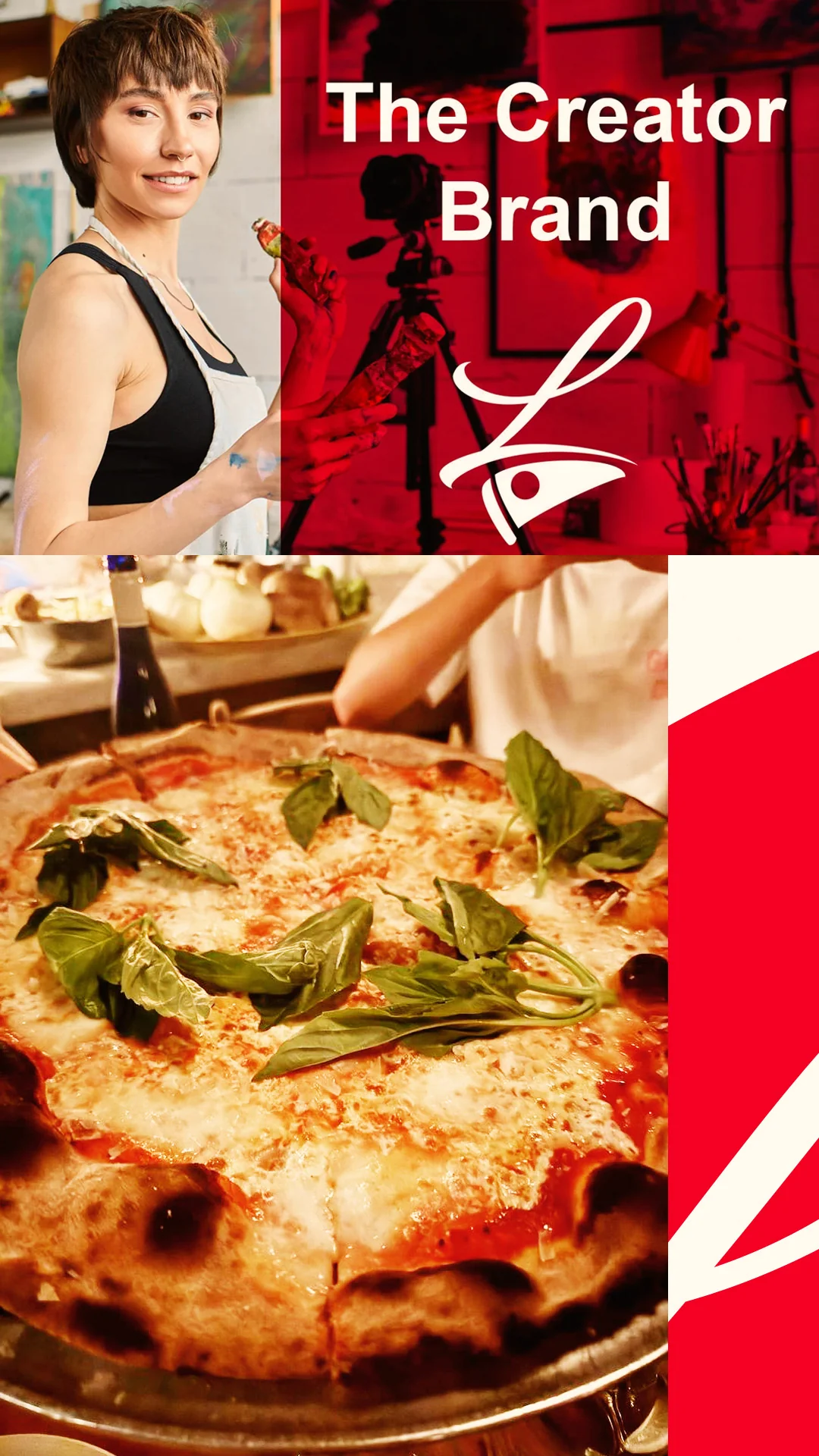 pizza-restaurant-branding-creator-graphic Split layout showing an artist in a studio above a close-up margherita pizza.