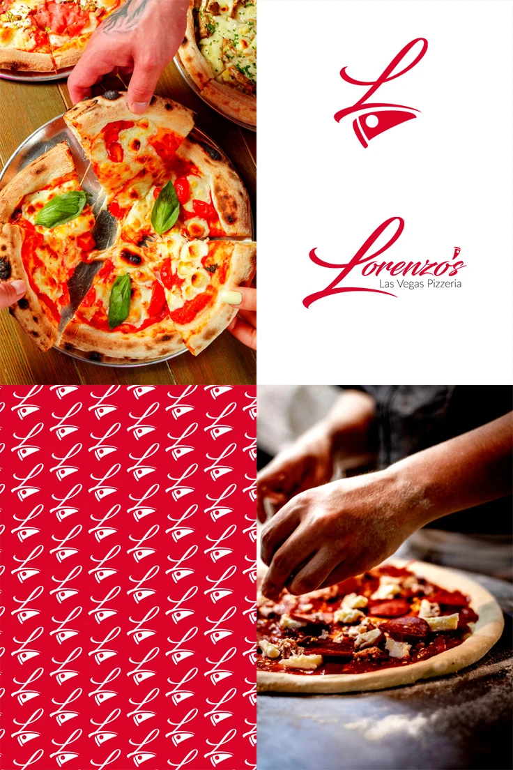 pizza-restaurant-branding-pattern-grid Four-panel grid with pepperoni pizza photos, the Lorenzo's wordmark and L monogram.