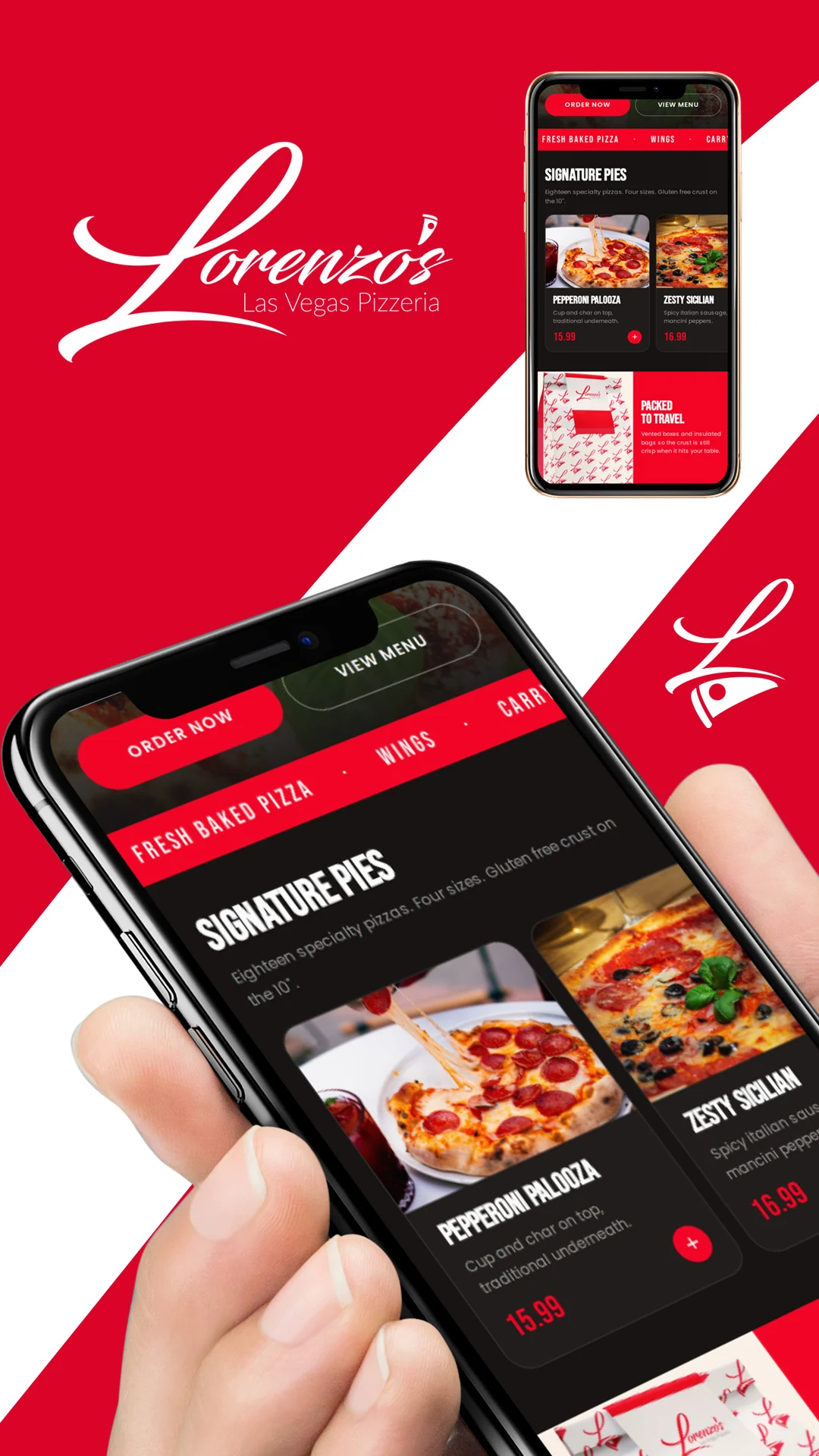 pizza-website-on-phone-notebook Two phones on a red and white diagonal layout showing Lorenzo's dark menu screens.