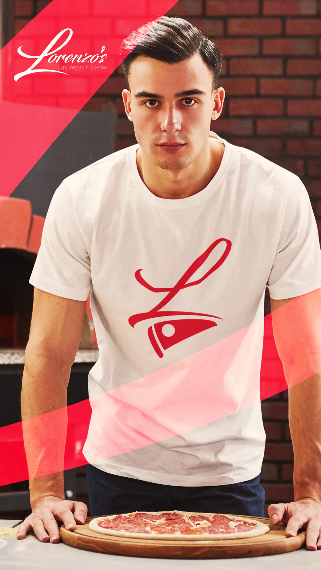 pizzeria-logo-t-shirt-mockup Man in a white t-shirt with the red Lorenzo's logo holding a pizza.