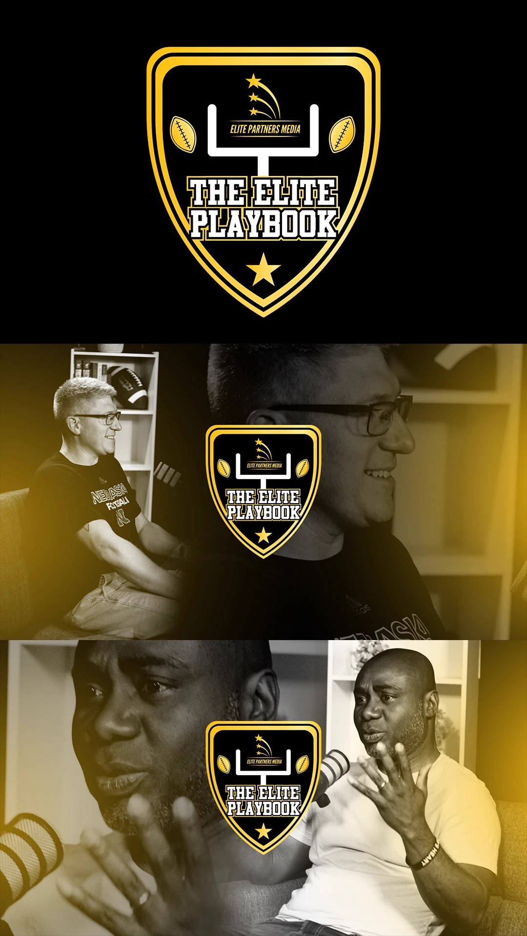 podcast-branding-elite-playbook-episode-covers The Elite Playbook podcast logo overlaid on episode photos of two hosts mid-conversation