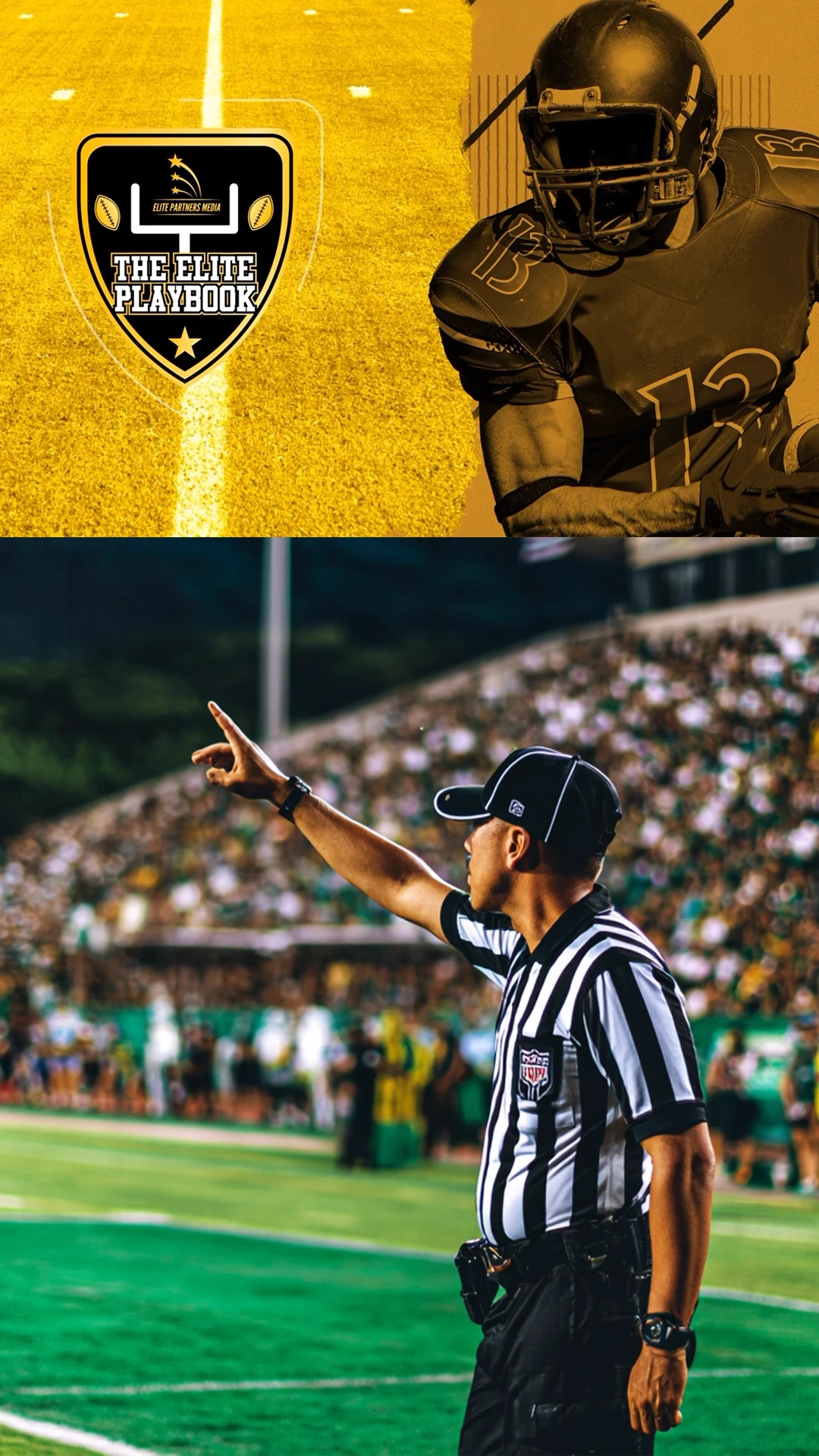 podcast-branding-elite-playbook-shield-logo The Elite Playbook podcast shield logo paired with football player and referee photography