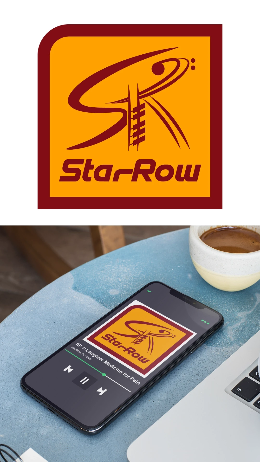 podcast-branding-starrow-logo-and-app-mockup StarRow podcast branding: logo icon shown next to the show playing in a mobile podcast app