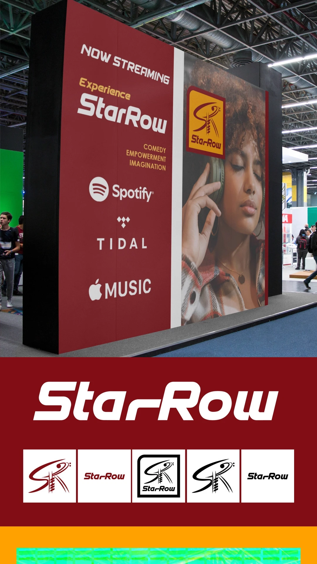 podcast-branding-starrow-logo-style-guide StarRow podcast branding style guide: wordmark, logo color variations, and a trade show display