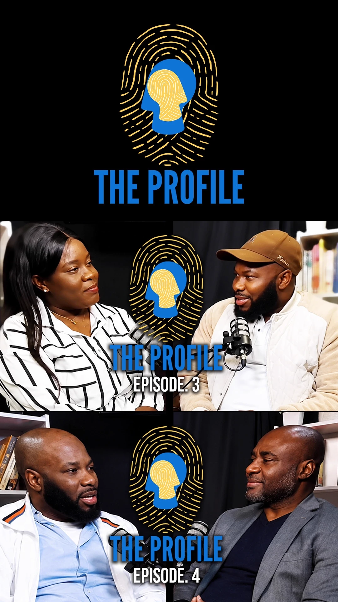 podcast-branding-the-profile-episode-covers The Profile podcast logo with episode 3 and episode 4 cover images featuring the hosts